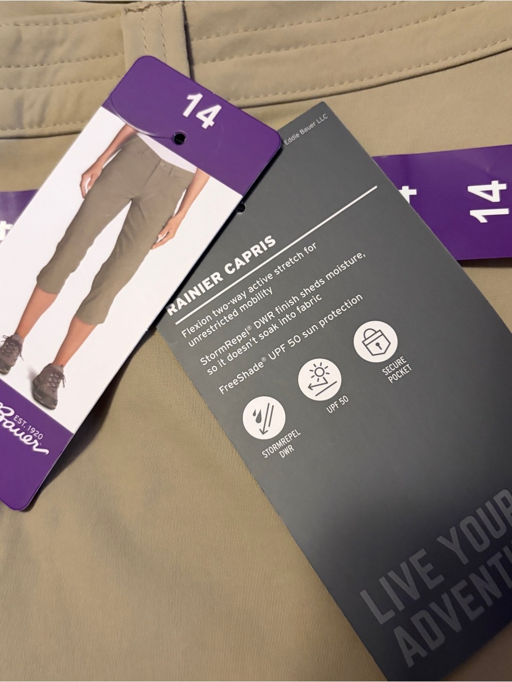 NWT Eddie Bauer Rainier Capris Women’s 14 LT Khaki Hiking Stretch UPF 50+ - Picture 8 of 10
